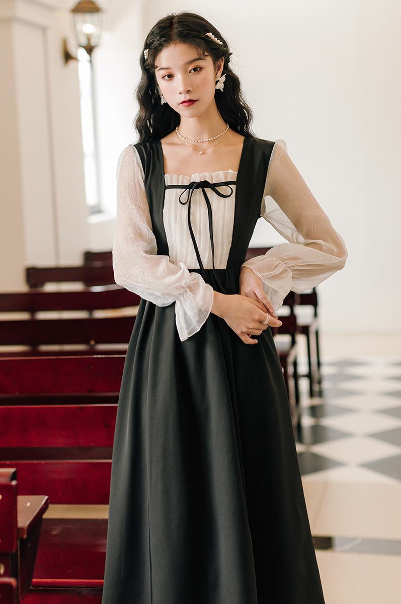 Fashion Women's Clothing Autumn Square Collar Vintage Patchwork Full Mid-Calf Dresses Casual