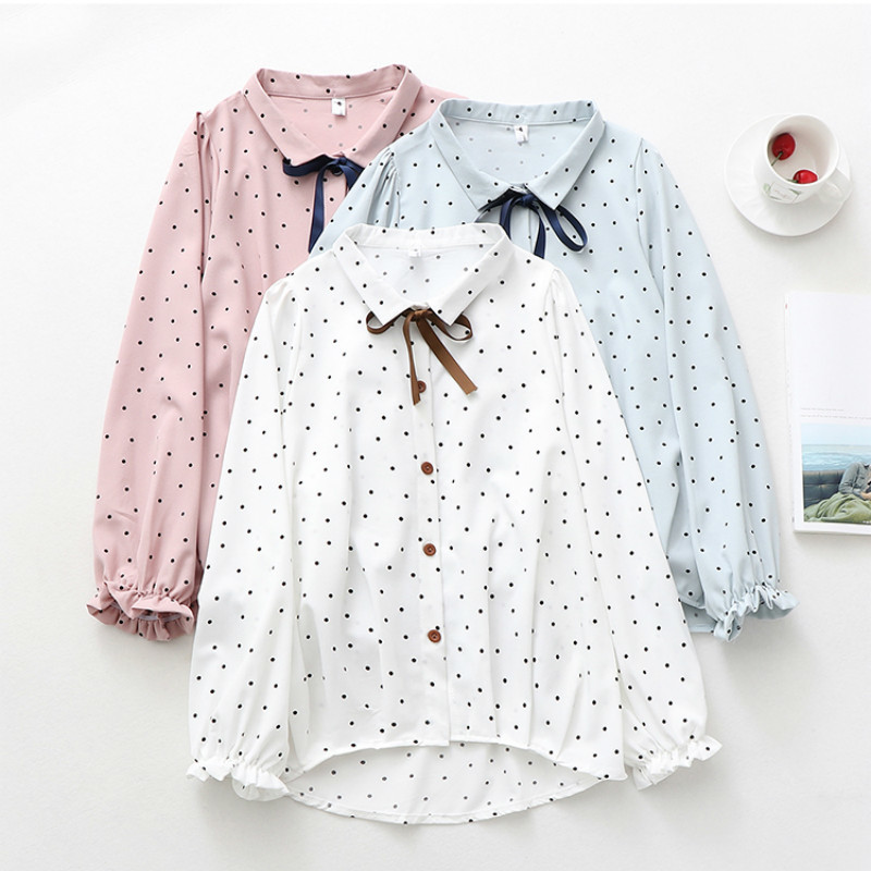Women Retro Polka Dot Blouses Spring Autumn Bow Collar Long Sleeve Chiffon Shirts Female Single-Breasted Sweet Blusas Tops 210514