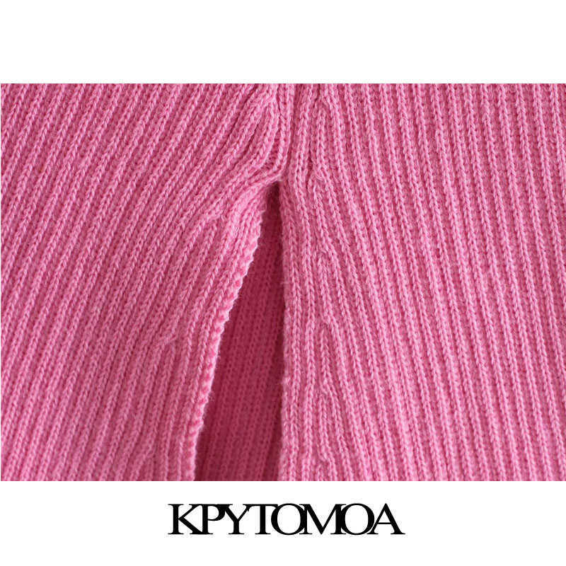 KPYTOMOA Women Chic Fashion Front Slit Fitted Knit Mini Dress Vintage High Neck Long Sleeve Female Dresses Vestidos Mujer 211221