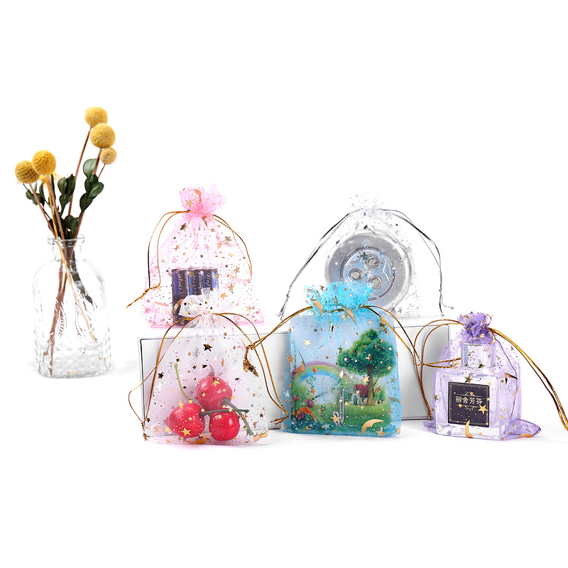 Drawstring Pouches Bags for Jewelry Organza Pouch Gold Moon Star Transparent Mesh Wedding Christmas Gifts Package Portable Storage Bag Necklace Ring P