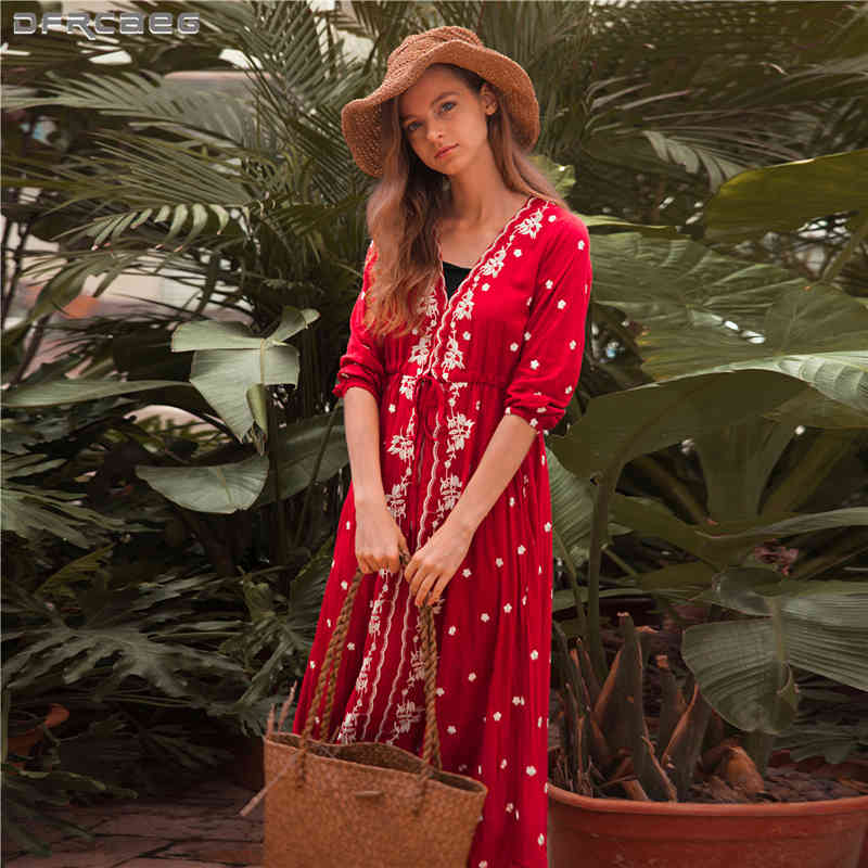Casual Dresses Big Sexy V Neck Floral Embroidery Boho Ladies Elastic Waist Lace Up Long High Quality Cotton Vestidos 5JBP, Red
Casual Dresses Big Sexy V Neck Floral Embroidery Boho Ladies Elastic Waist Lace Up Long High Quality Cotton Vestidos 5JBP, Red