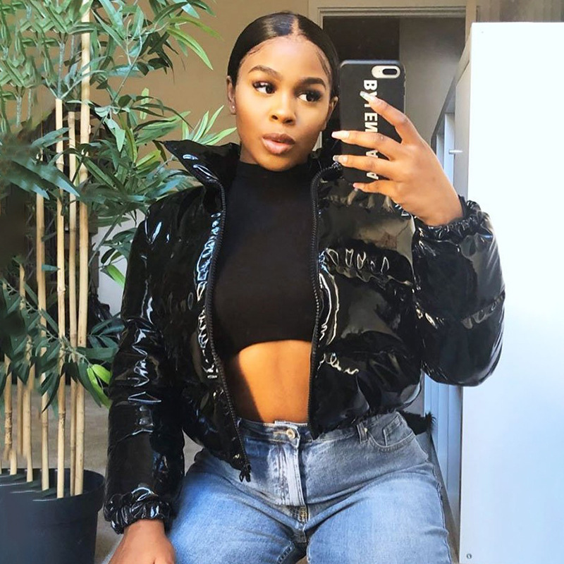 GetSpring Women Parka Winter Outwear Jacket Coat High Waist Zipper Stand Collar Long Sleeve Jackets Fashion 210513