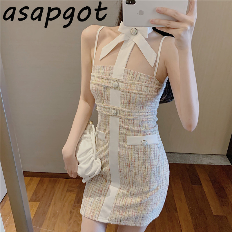 Slim Lady Temperament Sexy Sleeveless Spaghetti Strap Halter Dress Mini Fashion Korean Chic Summer Vestido De Mujer Elegant 210429