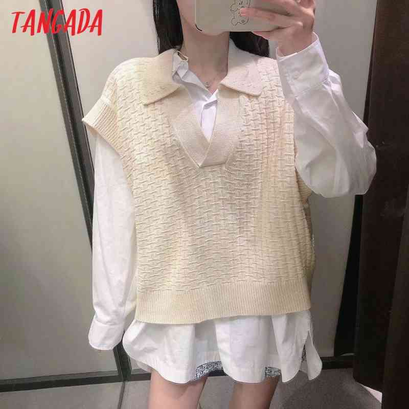 Women Fashion Oversized Beige Knitted Vest Sweater Sleeveless Female Waistcoat Chic Tops 3H180 210416