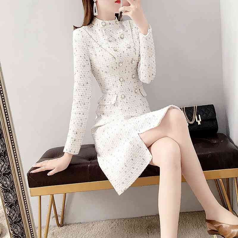 Vintage Tweed Woolen Winter Dresses Women Long Sleeve White Double-Breasted Fashion Clothes Vestidos 210520
