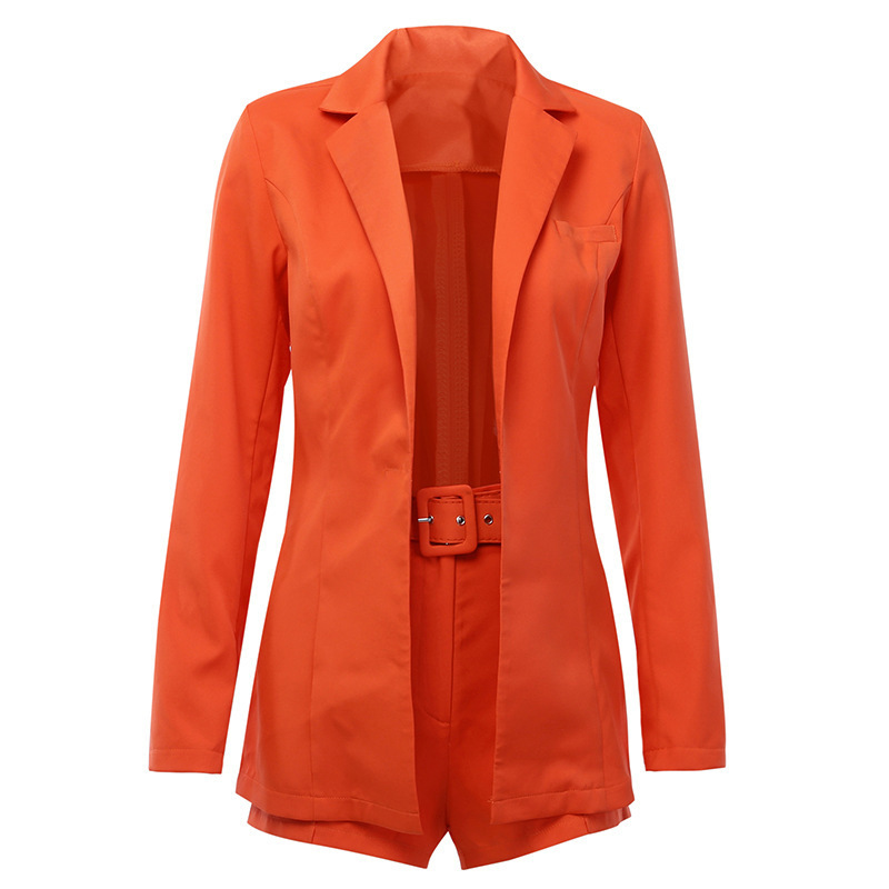 Women Suits Fashion Blazer Shorts Long Sleeve Set Belt Casual Jacket Blezer Autumn 210524