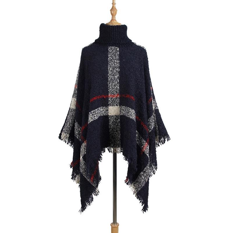 Womens Sweaters Poncho Sweater Women Fringed Stripe Knit Pullover Cape Coat High Collar Vintage Shawl Scarf Panchos Female Winter
