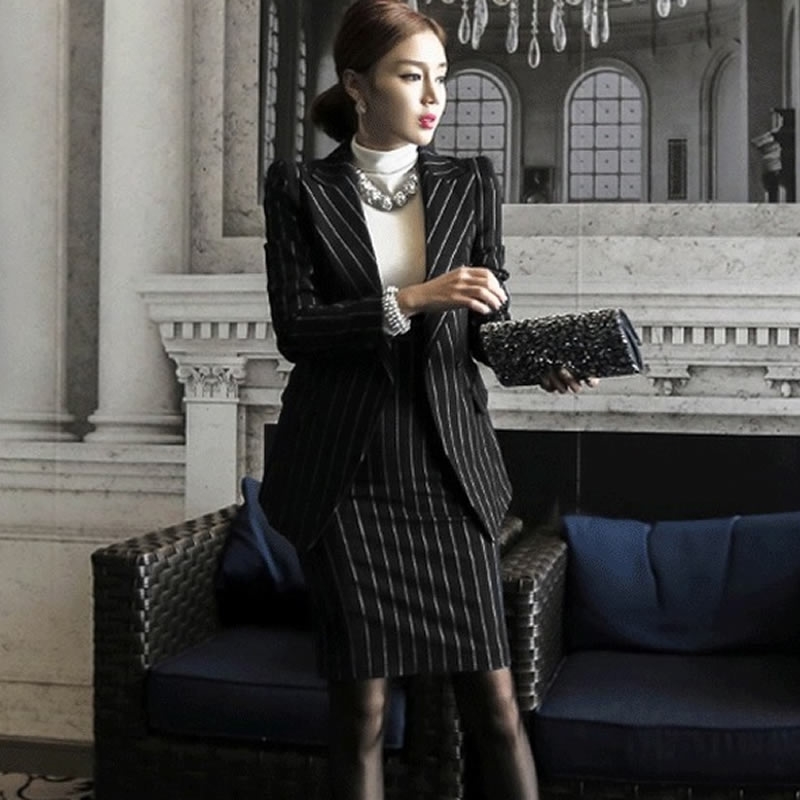 OL Work Striped Office Lady Dress Suits 2 Two Piece Sets Elegant Women Blazer Jacket + Fashion Sheath Dresses Femme 210519