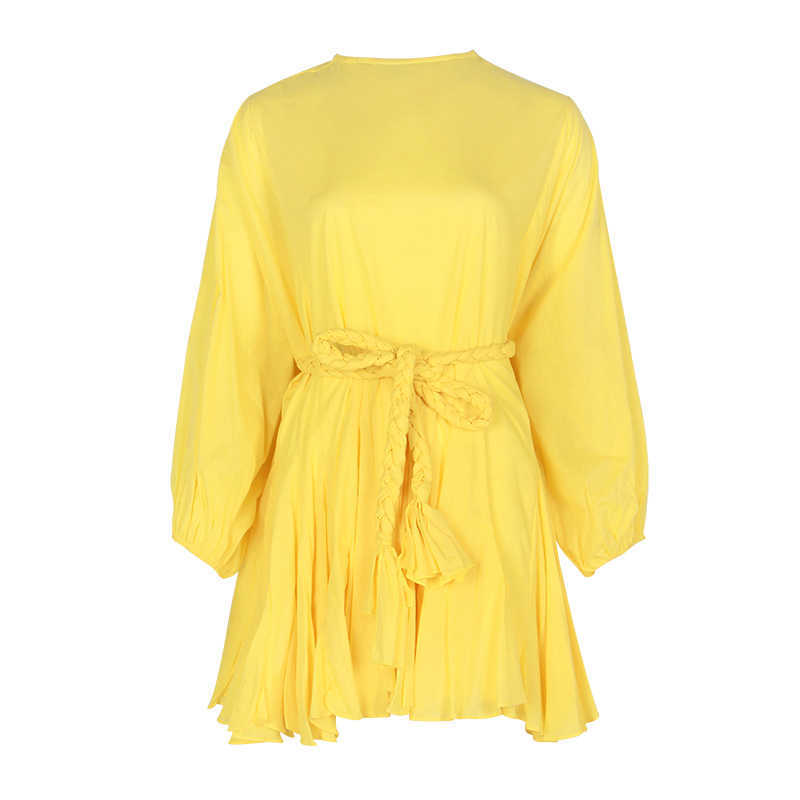 TWOTWINSTYLE Hit Color Print Dresses Women Long Sleeve O Neck High Waist Lace Up Female Dress Spring Casual Fashion 210630