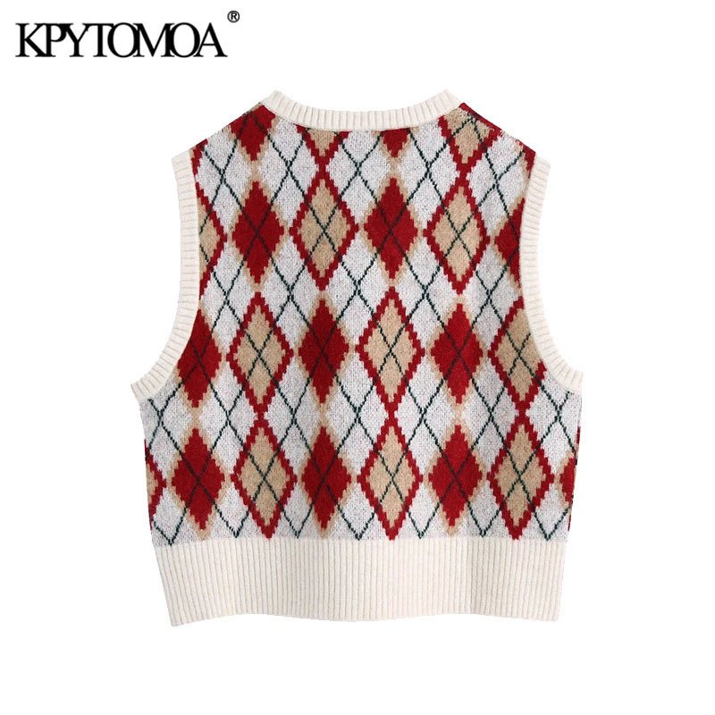 Women Fashion Loose Cropped Argyle Knitted Vest Sweater V Neck Sleeveless Female Waistcoat Chic Tops 210420