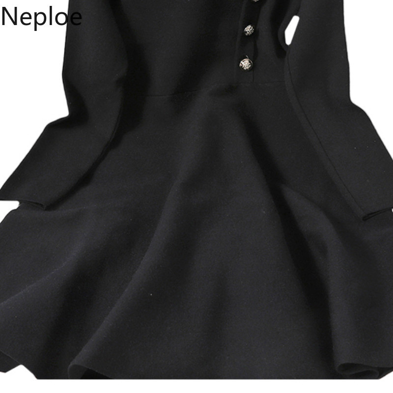 Neploe Knitted Elegant Woman Dress O-neck Single Breasted Vestidos Long Sleeve High Waist A-Line Slim Robe Dresses Women 4G943 210422