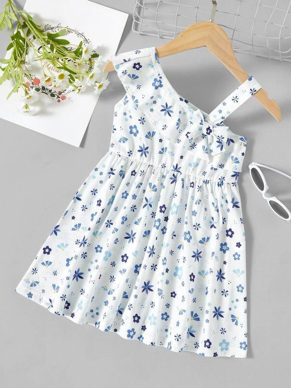 Toddler Girls Floral Print Ruffle Trim Bow Front Asymmetric Neck Dress SHE