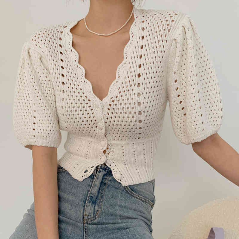 Women Fashion Sexy V-Neck Hollow out Crochet Knitted Cardigan Female Korea Summer Puff Sleeve Casual Tops 210518