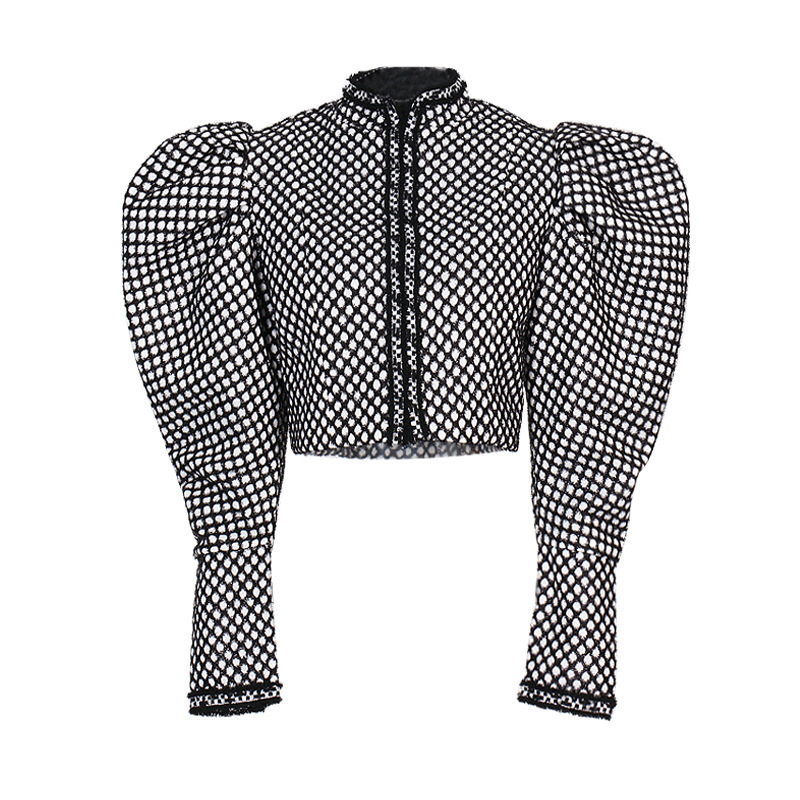 Chic Street Style Dot Print Crop Jackets Women Spring Puff Sleeve Stand Collar Silm Coats Casual All-match Female Tops 210525
