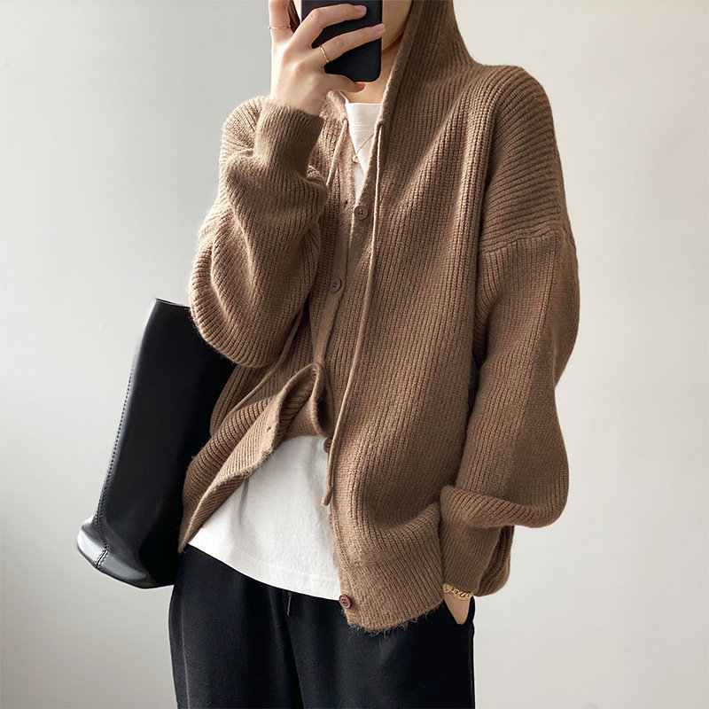 High Quality Solid Hooded All Match Loose Streetwear Women Soft Chic Warm Gentle Sweet Cardigans Sweaters 210421