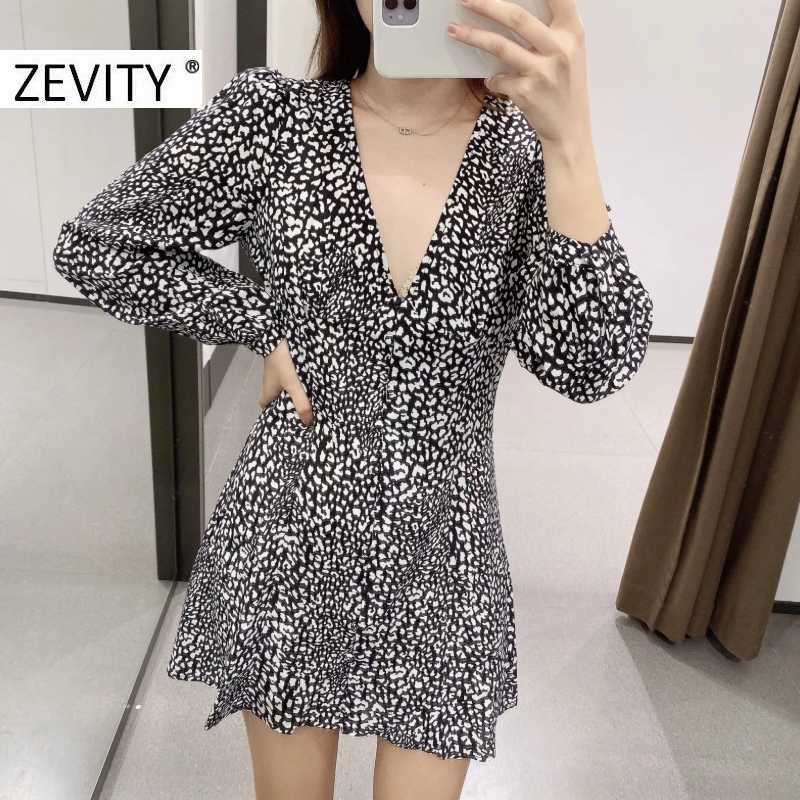 ZEVITY women vintage v neck animal texture print a line dress female long sleeve kimono vestidos chic casual slim dresses DS4491 210603