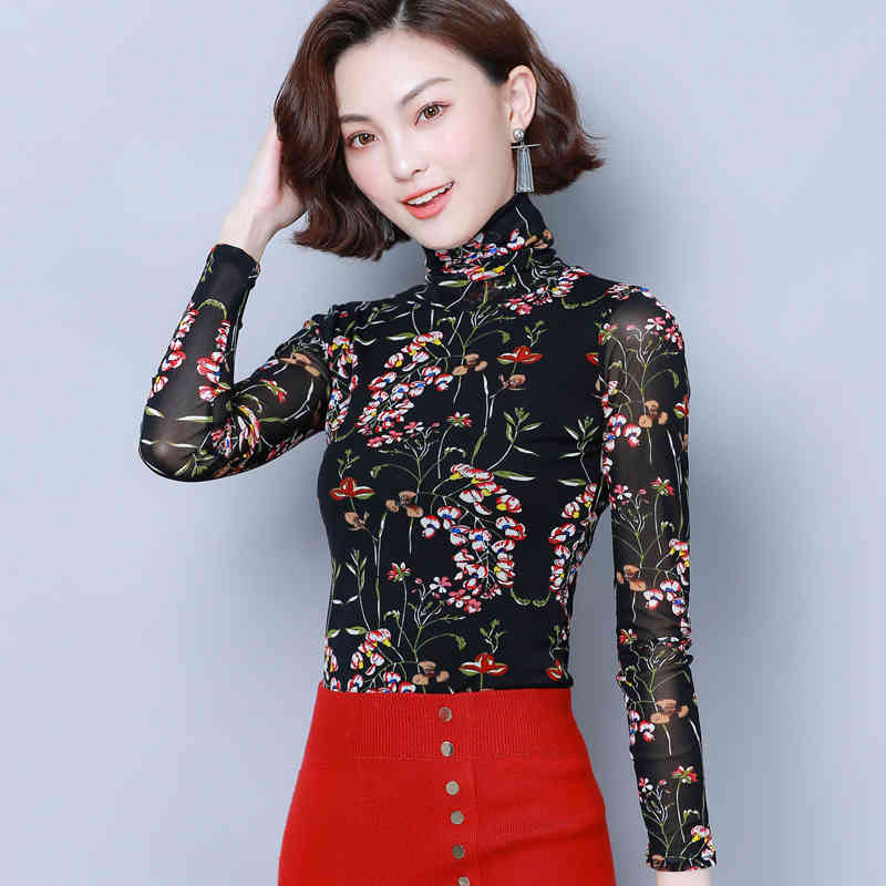 Autumn Fashion Women Thin Blouses Long Sleeve Turtleneck Tops Casual Printed Floral Clothing 6127 50 210506