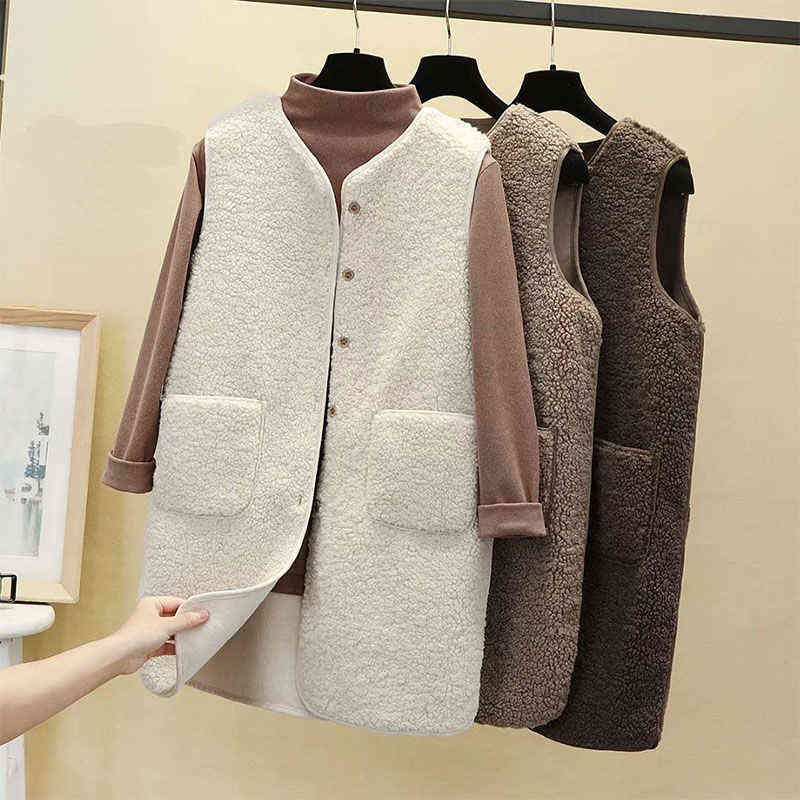 Winter Long Vest Jackets Lamb Wool Thicken Waistcoat Women Button Up Single Breasted Pocket Outwear Sleeveless Coat Garment 211120
