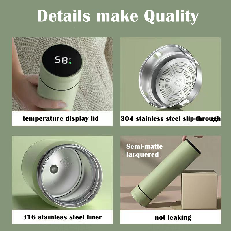 Vacuum Cup with Temperature Display Tea Brewing Coffee Car Cup 16.2oz 480ml Stainless Steel Water Bottle Macaron Color Style