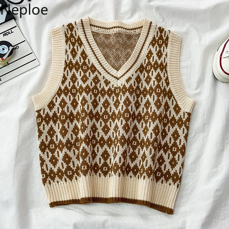 Neploe Fashion Plaid Knitted Sweater Vest Women V-neck Sleeveless Knitwear Pullovers Tops Fall Clothes Short Jumper Tank Coat 210422