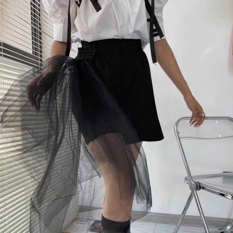 Casual Black Patchwork Mesh Irregular Short For Women High Waist Straight Loose Korean Shorts Female Summer Fashion 210531