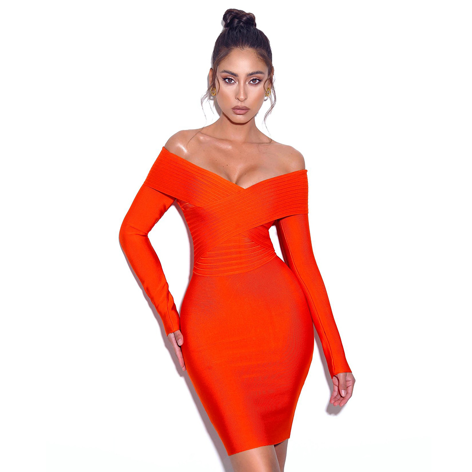 Winter Women Off Shouler Red Bodycon Bandage Dress Sexy Long Sleeve Mini Sheath Club Celebrity Runway Party 210423