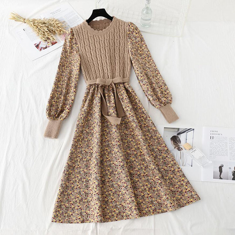 Autumn Women Print Floral Dress Korean Patchwork Long Sleeve O Neck Elegant Slim Sweater Dress Ladies Bandage Dresses 210521