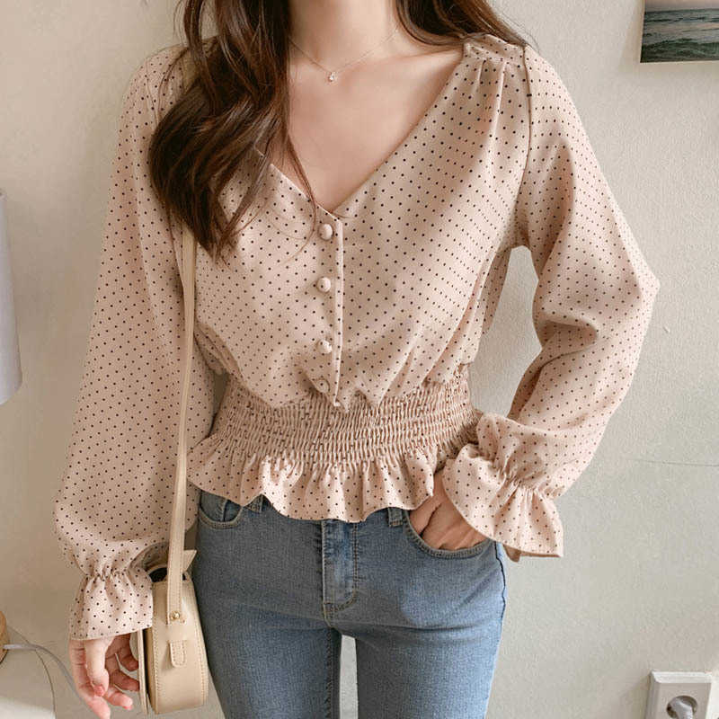 Vintage V-neck Flare Sleeve Polka Dot Women Blouse Shirts Elegant Front Buttons Slim Waist Ruffles Female Blouse blusas T191218
