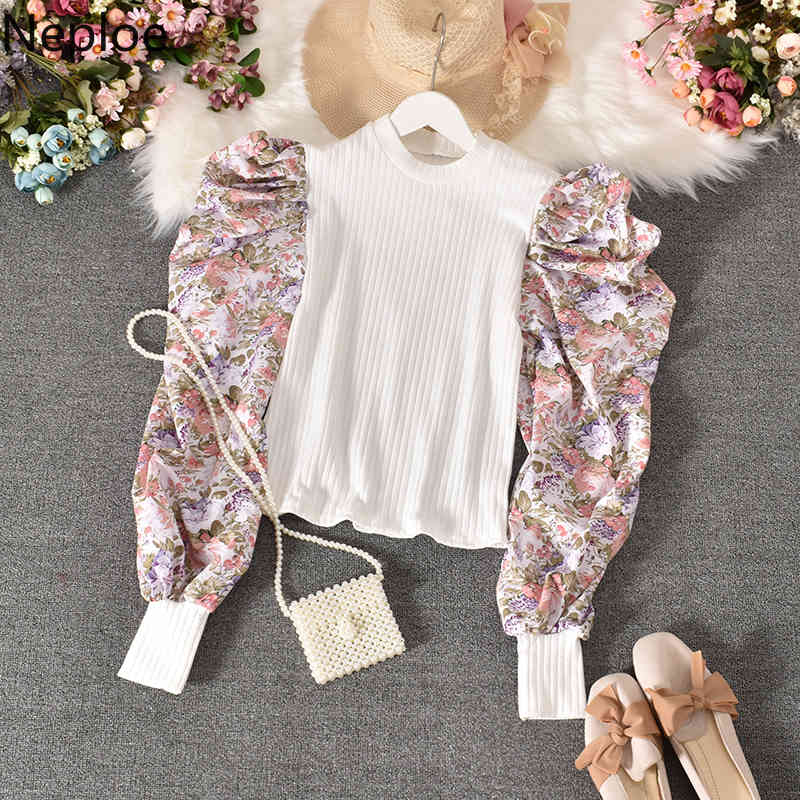 Neploe Patchwork Blouse Fashion Puff Floral Long Sleeve Women Shirts Summer New Korean Slim Sweet Blusas Top Femme 94456 210422