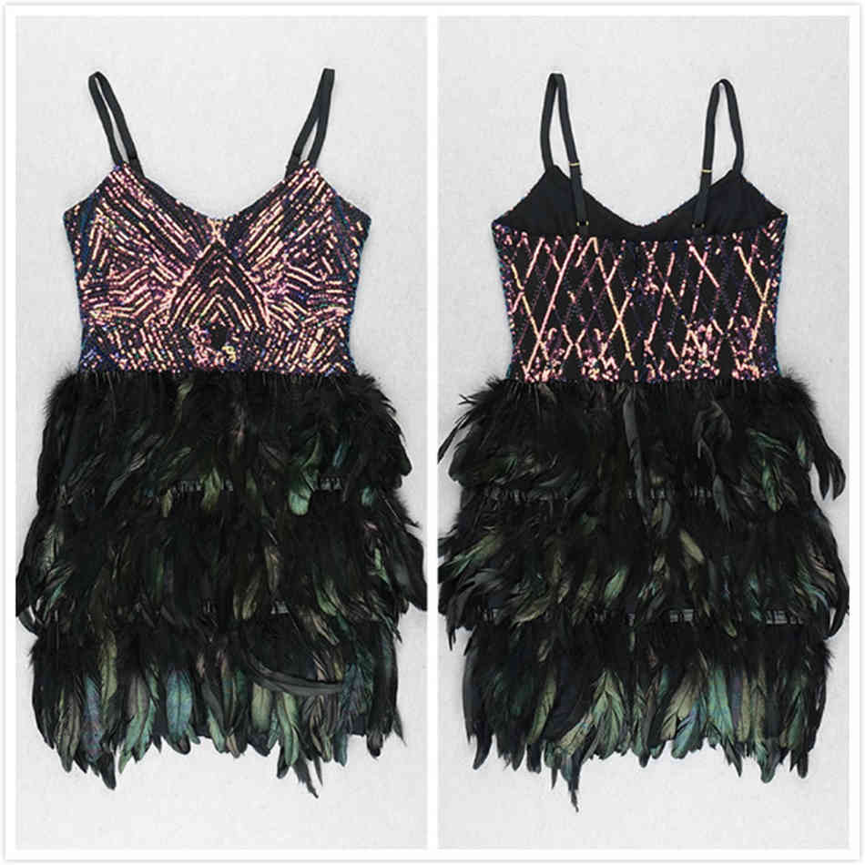 Free Summer Women Spaghetti Strap Black Feathers Dress Sexy V Neck Sequins Party Evening Celebrity Runway Dresses 210524