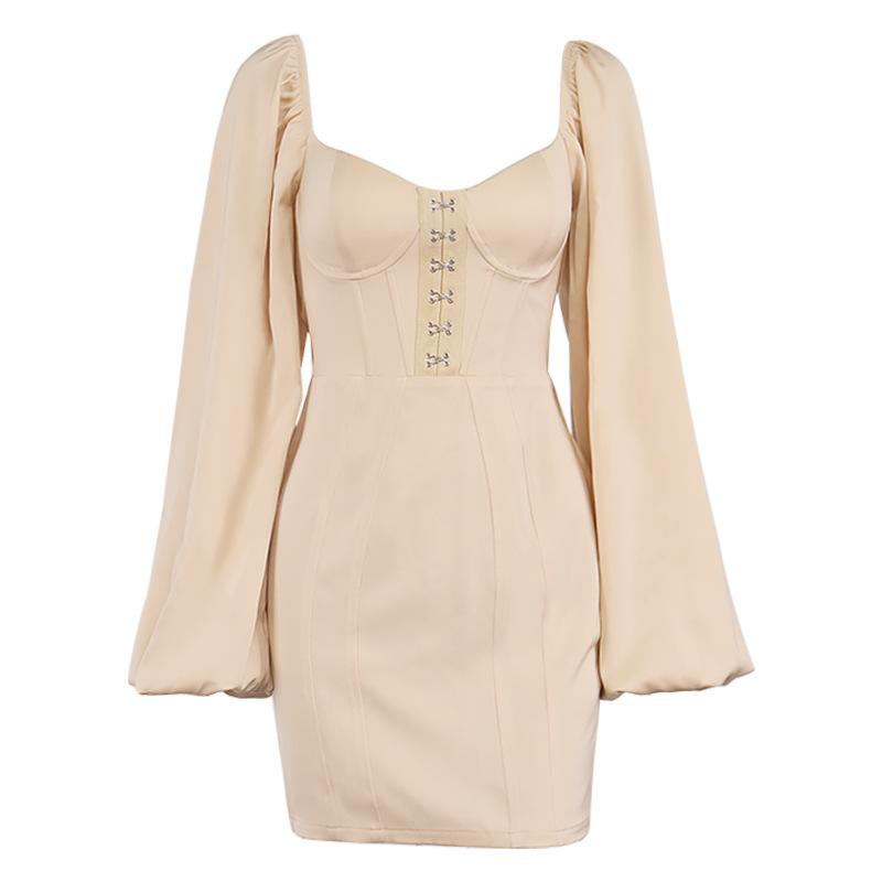 Women's Sexy Fashion Solid Color Lantern Sleeve Square Neck Short Skirt Dress Two Piece