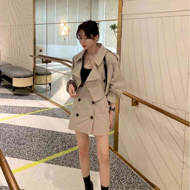 Office Lady Temperament Big Lapel Double Breasted Trench Jacket Short + Wrap Hip Mini Skirts Casual Vintage Sets Fashion Korean 210429