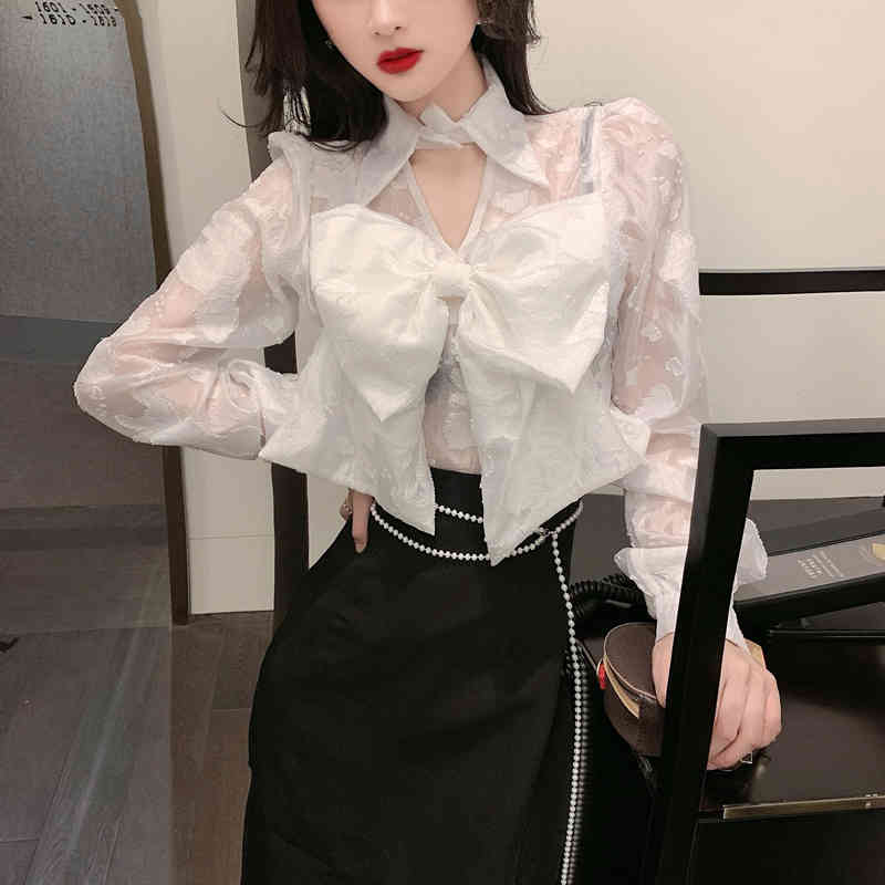 Sweet Big Bowknot Shirt For Women Turn Down Collar Blouse Female Summer Sexy Hollow out Tops Clothes 210519