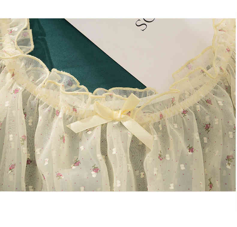 Women Gauze Printed Flower Ruffles Kawaii Lingerie Home Clothes Sexy Pajamas Bra Short Sleeve Tops Shorts Lingerie Set for 210330