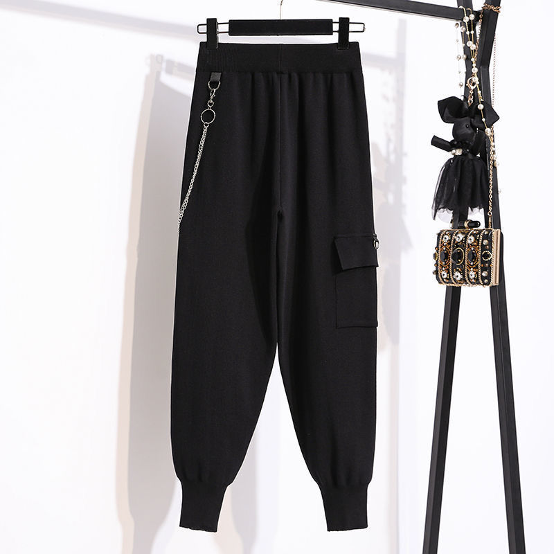 Nomikuma Chain Zipper Hole Women Knitted Harem Pants Lace Up High Waist Cargo Trousers Autumn Winter New Sweater Pants 6C665 210427
