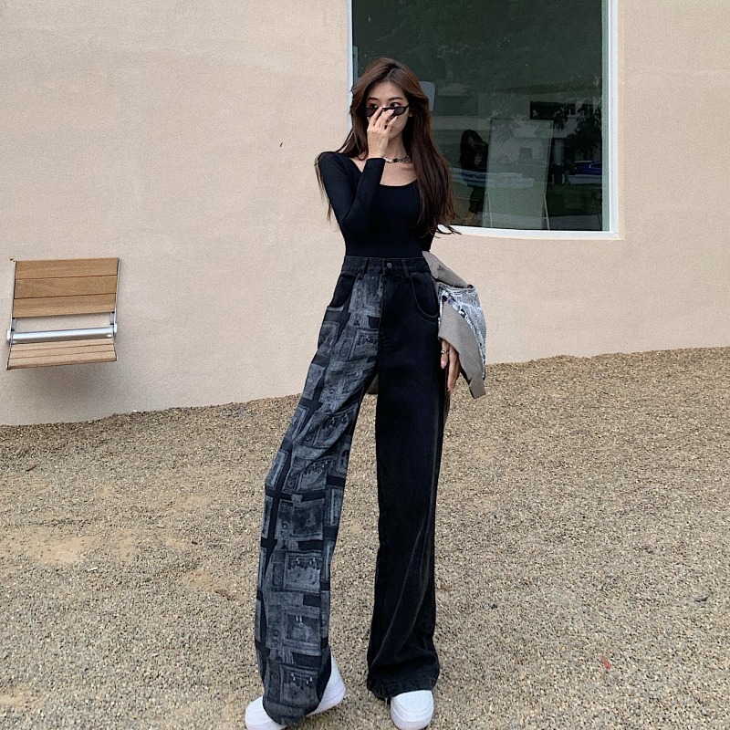 Women Harajuku Contrast Color Jeans Woman High Waist Patchwork Wide Leg Trousers Ins Streetwear Casual Denim Pants 210519