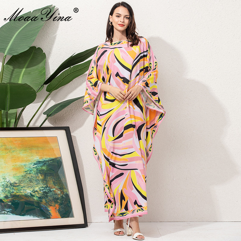 Fashion Runway Loose Maxi Dress Women Elegant Ethnic Print Chiffon Long Batwing Sleeve Oversize Dressing Gowns 210524