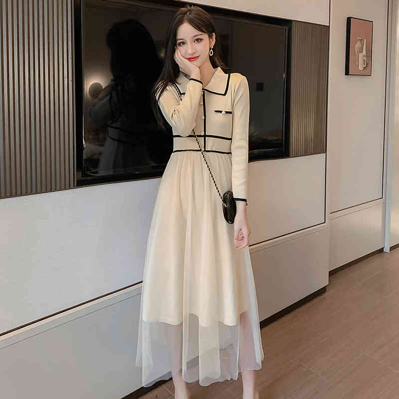 Comelsexy Autumn Women Small Fragrance Color Contrast Lapel Pearl Mesh Stitching Knit Dress Sweet Slim Dress Vestidos 210515