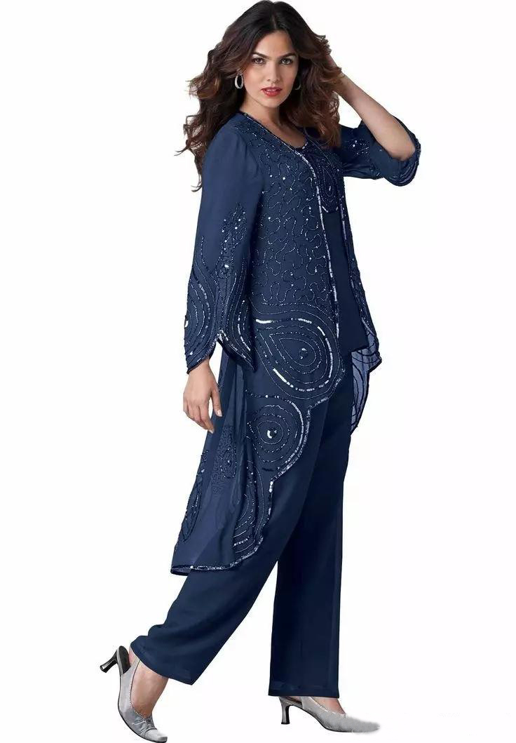 Chic Three Pieces Beading Mother Of The Bride Pant Suits Long Sleeves Jacket Wedding Guest Dress Chiffon Sequined Plus Size Evening Dresses