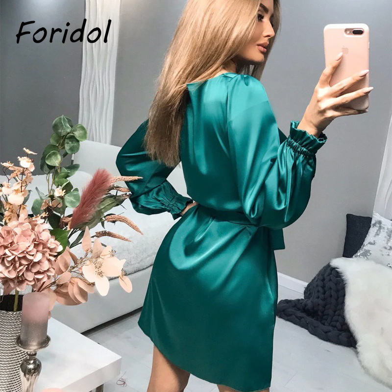 Foridol Long Sleeve Satin Party Dress Women Casual Sash Short Mini Dress Plus Size Spring Autumn Green Dress Women Clothing 210415