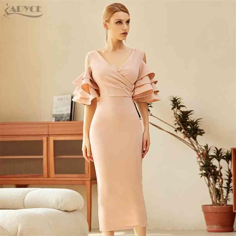 Summer Apricot Red Women Bodyco Club Dress Sexy V Neck Ruffle Butterfly Short Sleeve Midi Celebrity Party Dresses 210423
