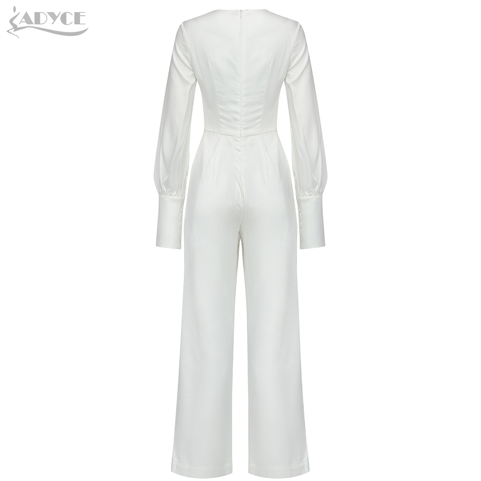 Summer Women's Fashion White V Neck Club Jumpsuits Sexy Full Sleeve & Long Pants Evening Casual Ladies 210423