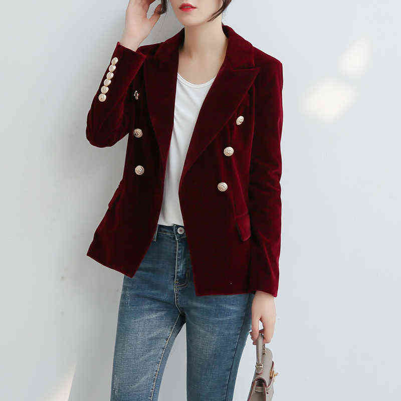 Autumn Women's Slim gold velvet small suit jacket women blazer metal button Short coats jackets 211122