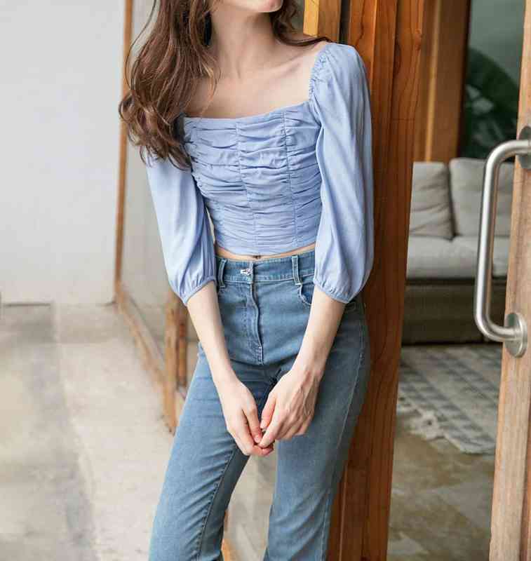 Spring Vintage Square Collar Simple Solid Pleated Elastic Slim Long Sleeve Short Blouse Crop Top Women 210514