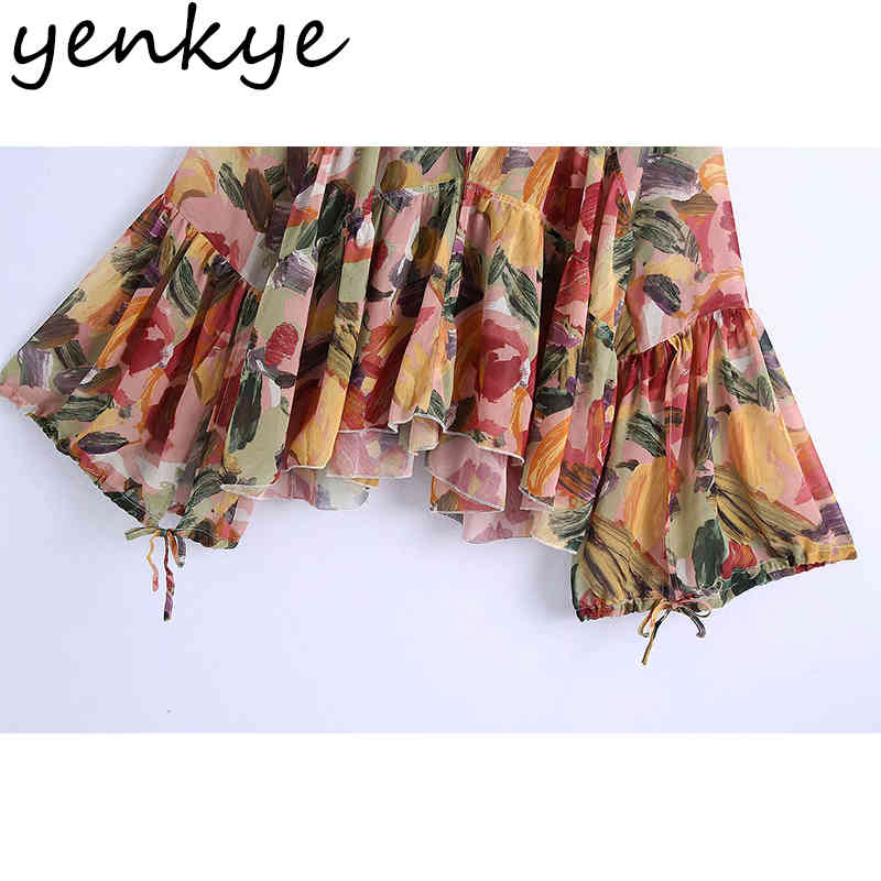 Fashion Women Multicolor Print Chiffon Blouse Sexy Lace Up V Neck Flare Sleeve Holiday Boho Summer Tops Plus Size blusas 210430