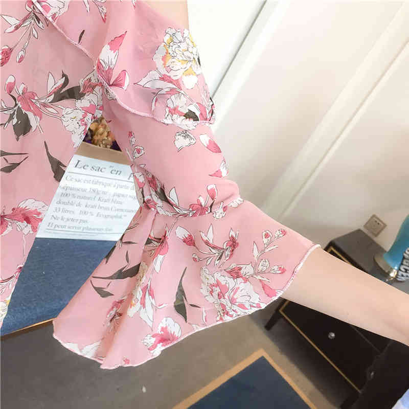 Summer Short-Sleeve Chiffon Shirt Women Casual Floral Pullover Blouse Print Green Pink Lady Off Shoulder Tops 9374 50 210508