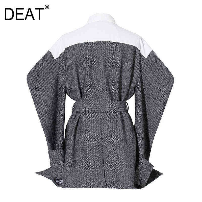 DEAT Women Gray High Street Patchwork Blazer Lapel Long Sleeve Loose Fit Jacket Fashion Autumn Winter GX907 211122