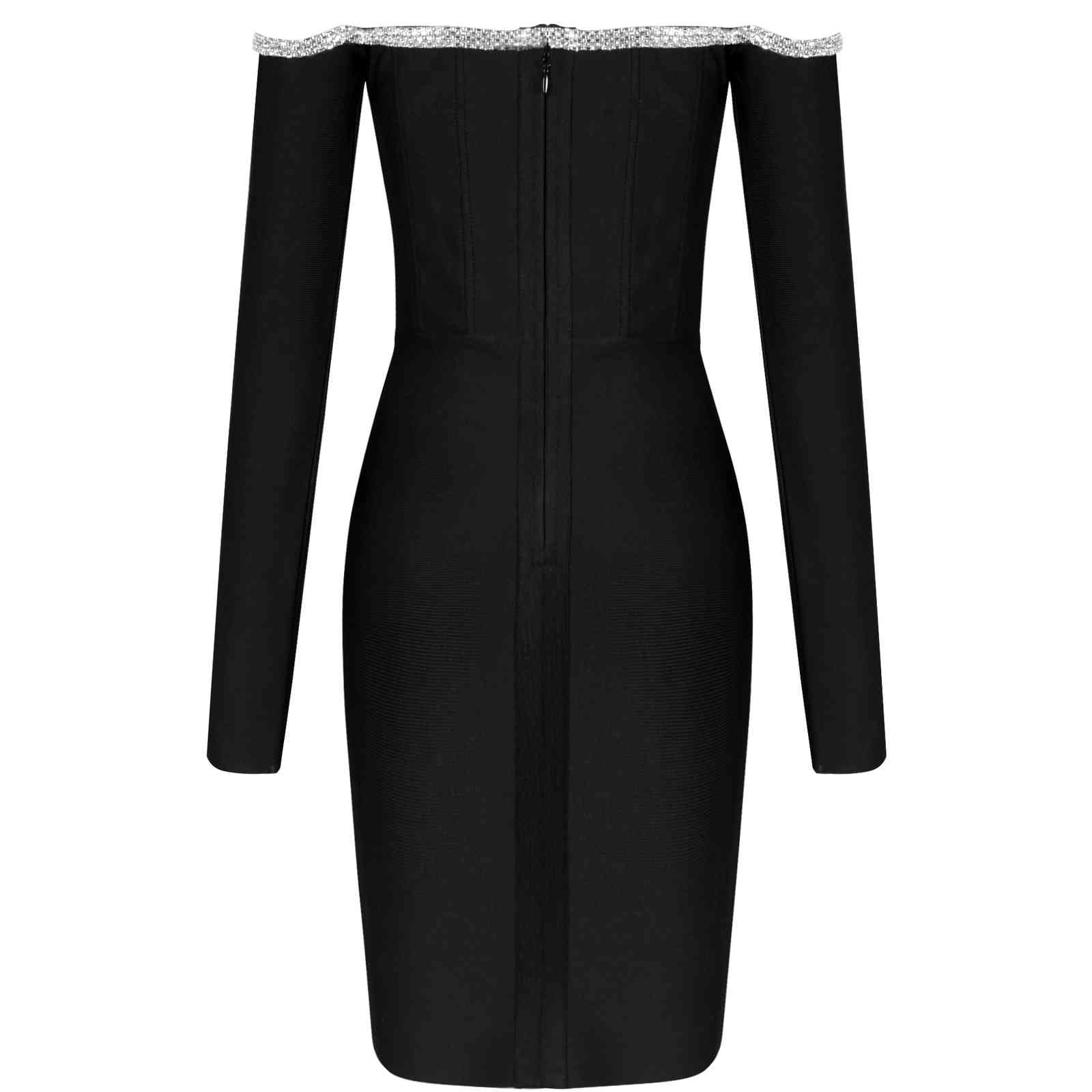 Bandage Dress Long Sleeve Black Bandage Dress New Arrival Women Mini Crystal Sexy Off Shoulder Bodycon Club Party Dress 210409