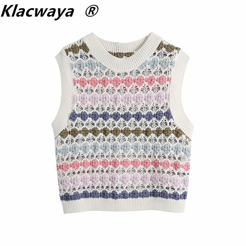 Woman Crochet Hollow Knit Vest Top Sweet Round Neck Sleeveless Striped Rainbow Color Knitting Vests 210521, As shown
Woman Crochet Hollow Knit Vest Top Sweet Round Neck Sleeveless Striped Rainbow Color Knitting Vests 210521, As shown