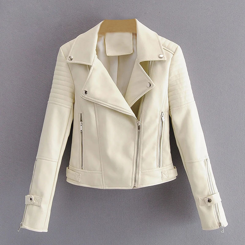 Women Fashion Solid Motorcyle Jacket Faux Leather Long Sleeve Coat Turn Down Collar Streetwear Zipper Jackets 210414